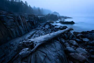 Fototapeta premium Rugged basalt coastline with driftwood at blue hour