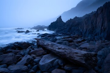 Fototapeta premium Rugged basalt coastline with driftwood at blue hour