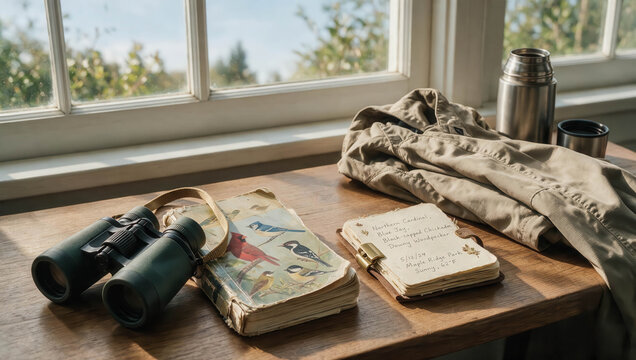 Sunlit table holds binoculars, worn book, journal, and coat. Metal flask rests beside a folded garment. Window frames a green, tranquil outdoor view