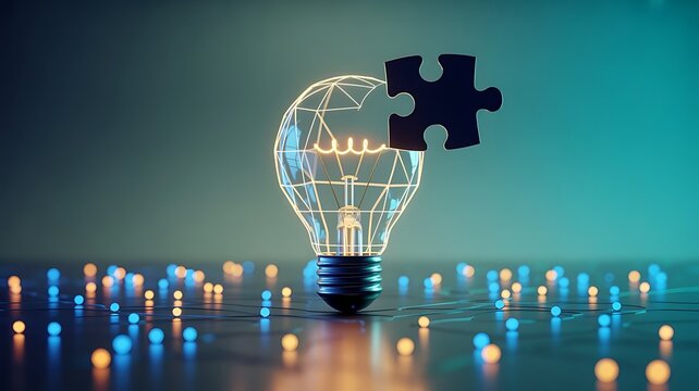 Creative concept of a glowing lightbulb formed by geometric lines with a black puzzle piece, representing innovation and problem solving ideas