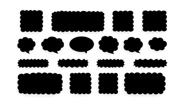 Collection of blank black speech bubbles and message frames on a clean white background icons shapes design communication text