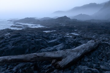 Rugged basalt coastline with driftwood at blue hour © Tharshan