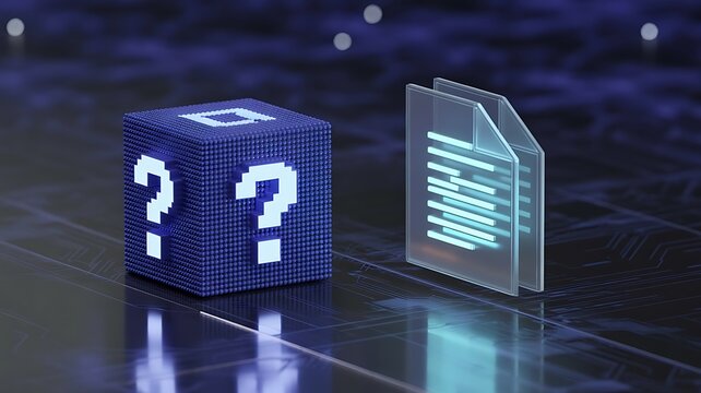 Digital concept of a question mark cube and a transparent file folder representing data search and information retrieval in a virtual environment