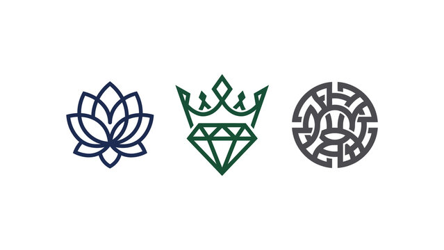 Minimalist line art icons featuring lotus crown and geometric maze pattern