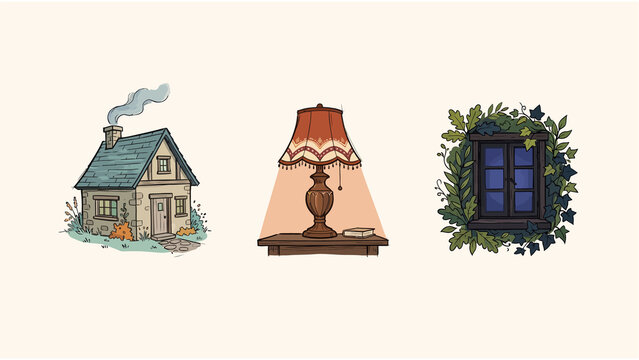Set of hand drawn illustrations featuring a cozy house lamp and ivy covered