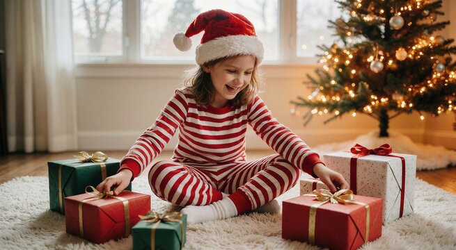 Joyful moment of a young girl opening presents on Christmas morning surrounded by wrapped gifts and a glowing Christmas tree.