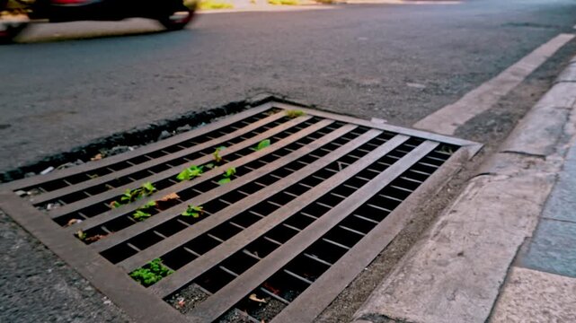 Smooth sliding camera movement to the left capturing a metal drainage grate on a city street in the historic old town district of Gresik, Indonesia.