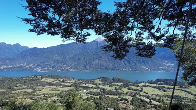 Aerial Landscape Of Cochamo With Woman Enjoying Scenic Swing View, Chile 