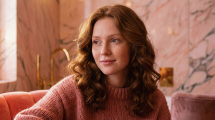 Fototapeta premium A woman with wavy brown hair sits in a pink room wearing a knit sweater and looking thoughtfully to the side.