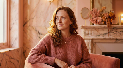 Fototapeta premium A woman with wavy hair sits in a pink sweater inside a room featuring marble walls and a fireplace decorated with flowers.