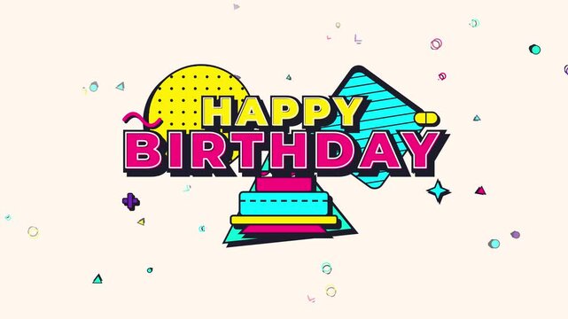 Retro 90s happy birthday greeting banner background illustration with colorful Memphis geometric shapes and cake