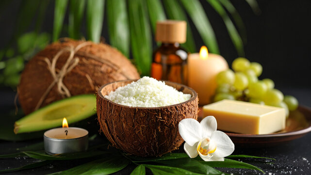 Organic Spa Serenity: A natural spa setup featuring a coconut bowl filled with white salt, avocado, grapes, essential oil, a bar of soap, a white orchid, and lit candles.
