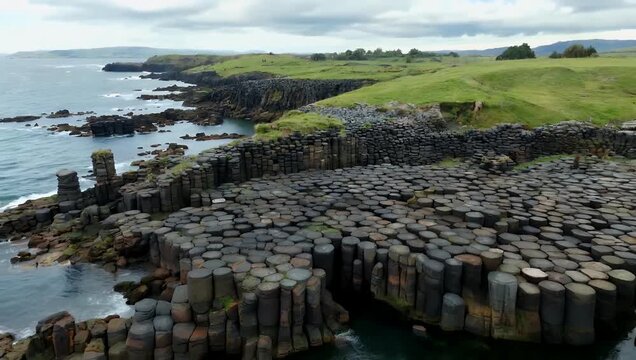 Spectacular 4K landscape footage showcasing the famous Giant s Causeway in Northern Ireland featuring thousands of unique interlocking basalt rock columns formed by ancient volcanic activity along