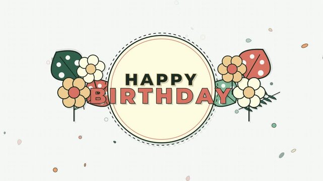 Vibrant and cheerful birthday greeting illustration featuring a decorative frame, stylized floral elements, and festive confetti, perfect for digital cards and invitations
