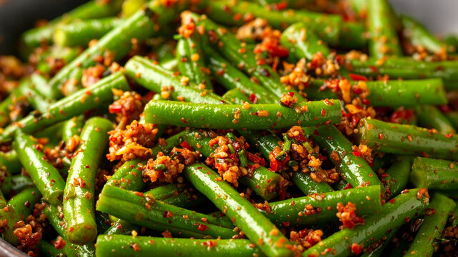 Savory Green Beans with Spiced Crumble: A vibrant close-up of freshly cooked green beans generously sprinkled with a flavorful, spiced crumble, offering a delicious and healthy side dish.