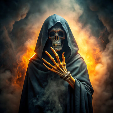 A menacing grim reaper figure with a skull face wearing a dark hooded cloak surrounded by fire