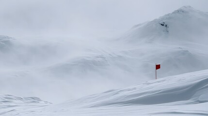 Fototapeta premium Snowy mountain pass with red trail marker
