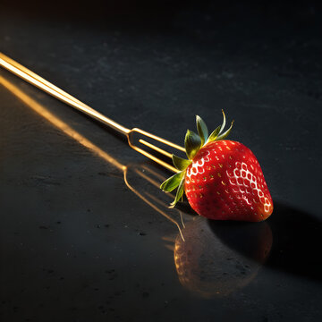 Fresh strawberry resting beside a whisk, on a dark stone surface