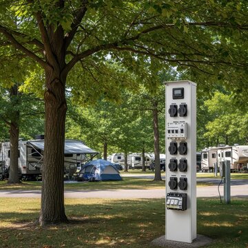 Electric Pedestal at RV Campsite Surrounded by Green Trees