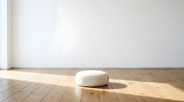 Minimalist white living room with soft cushion on wooden floor