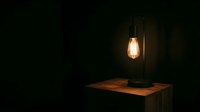 Modern metal table lamp with an Edison bulb glowing on a wooden nightstand