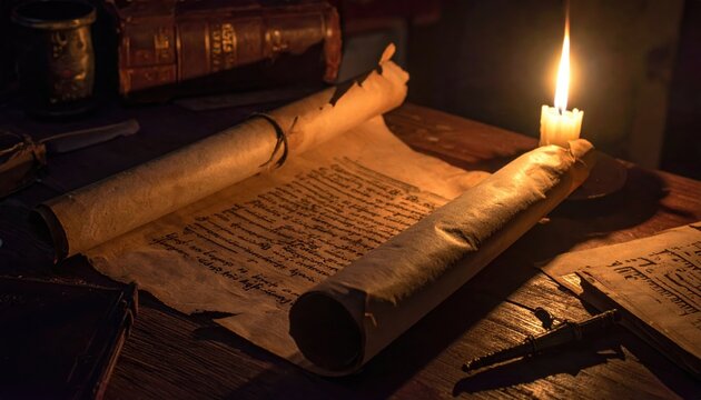 Illuminated Manuscript with Candlelight and Vintage Scrolls on Table