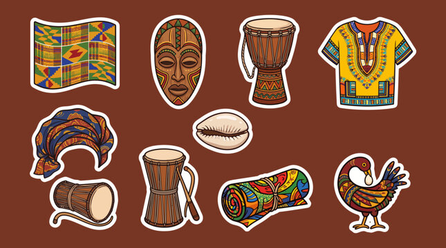 African cultural heritage sticker set with traditional djembe drums mask kente cloth and dashiki shirt on brown background.