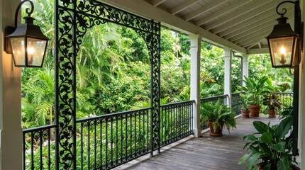 Fototapeta premium Lush Greenery and Elegant Porch with Decorative Lanterns at Home