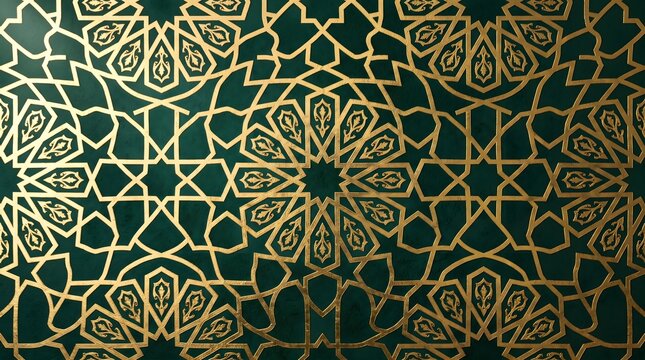Gold Islamic geometric pattern on emerald green texture for Ramadan