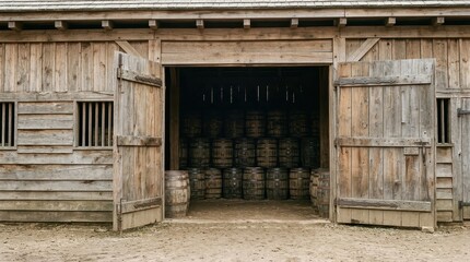 Naklejka premium Rustic wooden barn with barrels in a historic countryside setting