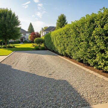 Scenic Residential Landscape with Gravel Path and Lush Greenery