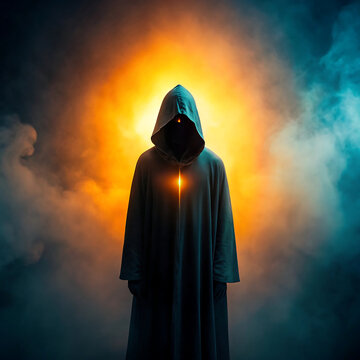 A mysterious hooded figure standing in a dark void surrounded by glowing orange and blue smoke