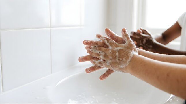 People washing hands with soap bubbles in a home bathroom sink
