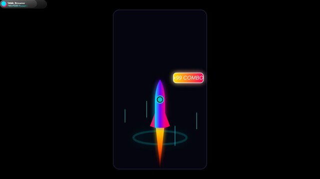 Neon Rocket Animation Flying Through Space with Combo Counter in a Mobile Game Interface Layout
