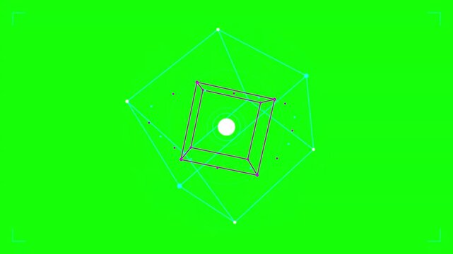 Abstract 3D geometric wireframe cube structure with a central glowing sphere on a green screen