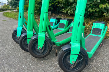 Four green electric scooters parked on a sidewalk near bushes and trees in the afternoon © ir1ska