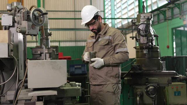 Engineer worker factory machine helmet glove uniform industrial technician inspecting equipment near metal machinery workshop safety tool