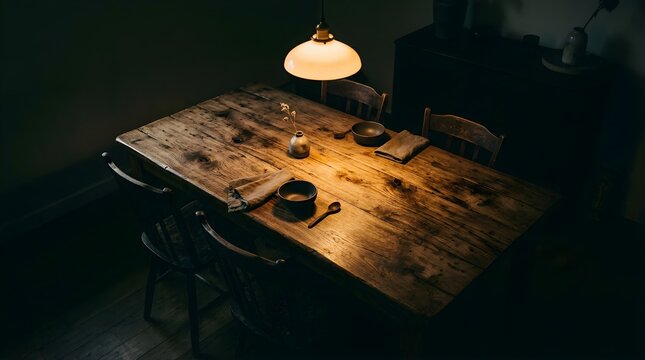 Rustic wooden dining table with warm pendant lighting in a dark room