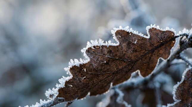 Single brown oak leaf covered in hoarfrost during a cold winter day