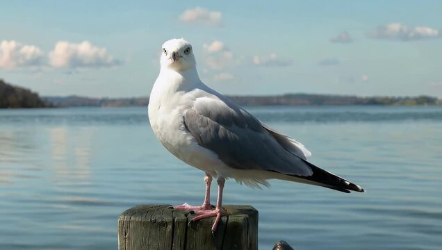 Tranquil 4K coastal nature shot depicting a lone sea gull perched motionless on a wooden harbor post quietly observing calm ocean waters under bright natural morning light
