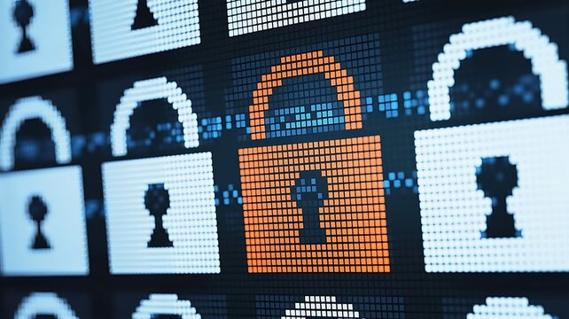 Close-up of digital padlock icons glowing on pixelated screen representing cyber security and data protection