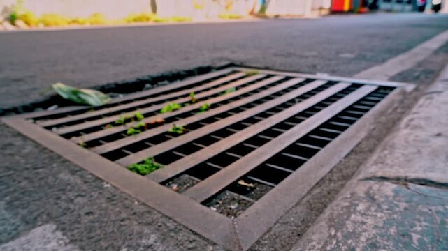 Static shot of a metal drainage grate embedded in asphalt on a city street in the historic old town district of Gresik, East Java, Indonesia.