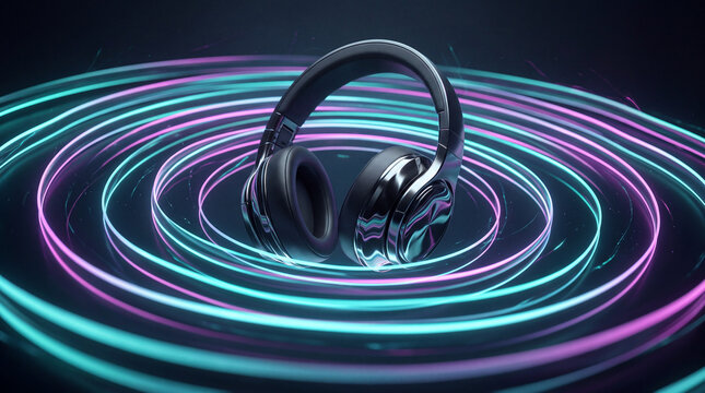 Modern headphones sit centrally within vibrant rings of glowing neon light lines on a dark background to emphasize audio technology and immersive sound experiences for your next digital project.
