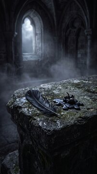 A mystical black feather and an ancient metal seal resting on a stone altar in a dark foggy gothic cathedral.