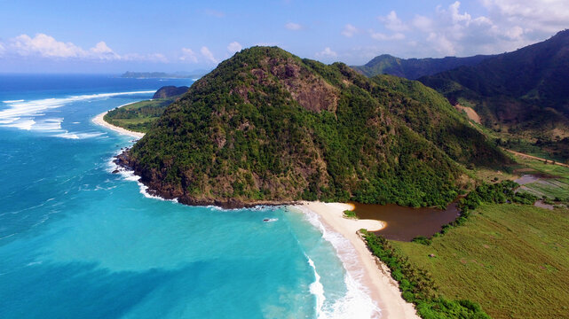 Aerial view of a sandy Beach and turquoise sea, Selong Belanak, Lombok, West Nusa Tenggara, Indonesia