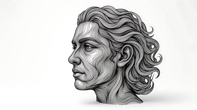 Intricate Black and White Portrait Sketch of Woman with Wavy Hair Artwork transparent background