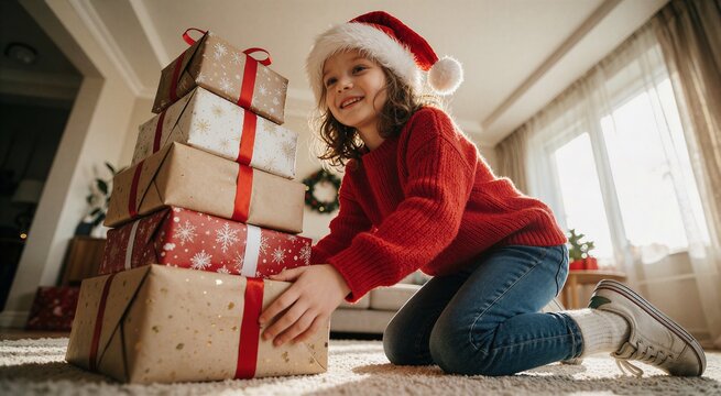 Young girl with Santa hat carrying a stack of wrapped Christmas gifts, kneeling on a rug in a bright, cozy room.