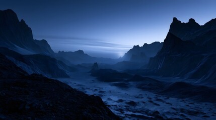 Sweeping view of a jagged glacial valley at twilight with cold silver highlights © Tharshan