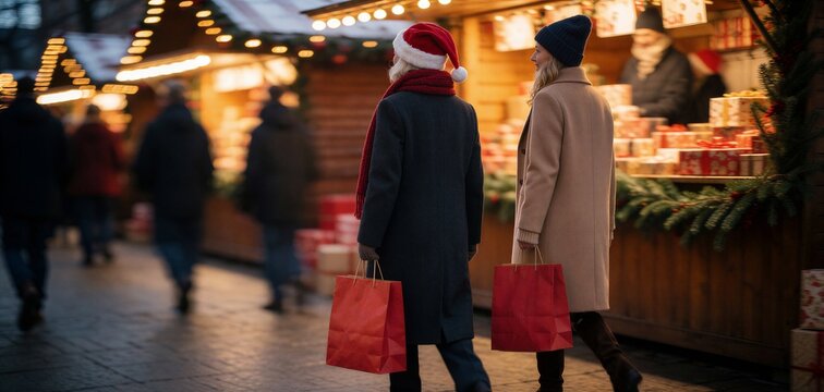 Christmas shopping scene featuring two friends walking past a festive holiday market stall, carrying red shopping bags.