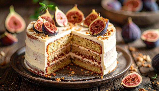Fig cream cake with soft layered filling and detailed fig seed texture on rustic wood